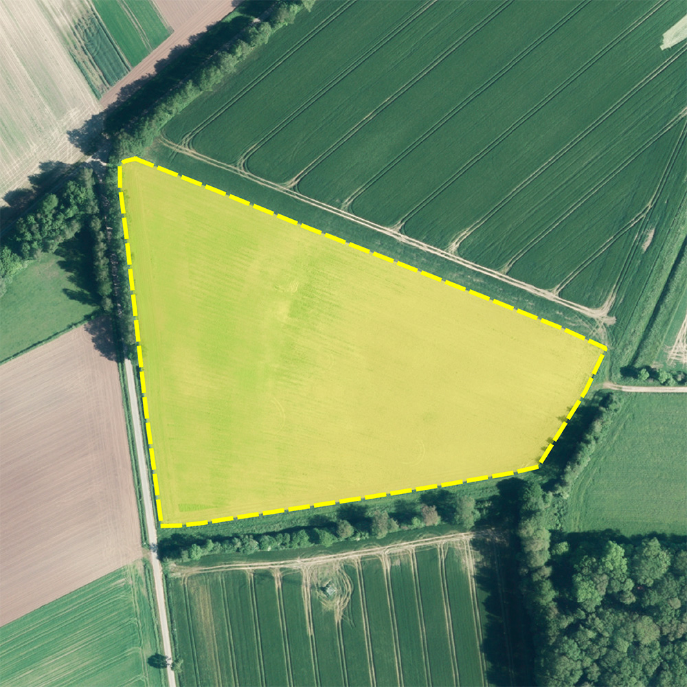 Luftbild einer Agrarlandschaft; eine einzelne Ackerfläche ist mit einer gelben, gestrichelten Linie umrandet, umgeben von weiteren Feldern, Wegen und Baumreihen.