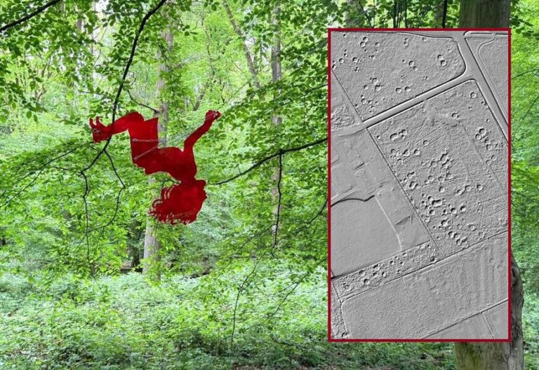 Rote Skulptur einer Frau im Wald kombiniert mit digitaler Geländeschummerung