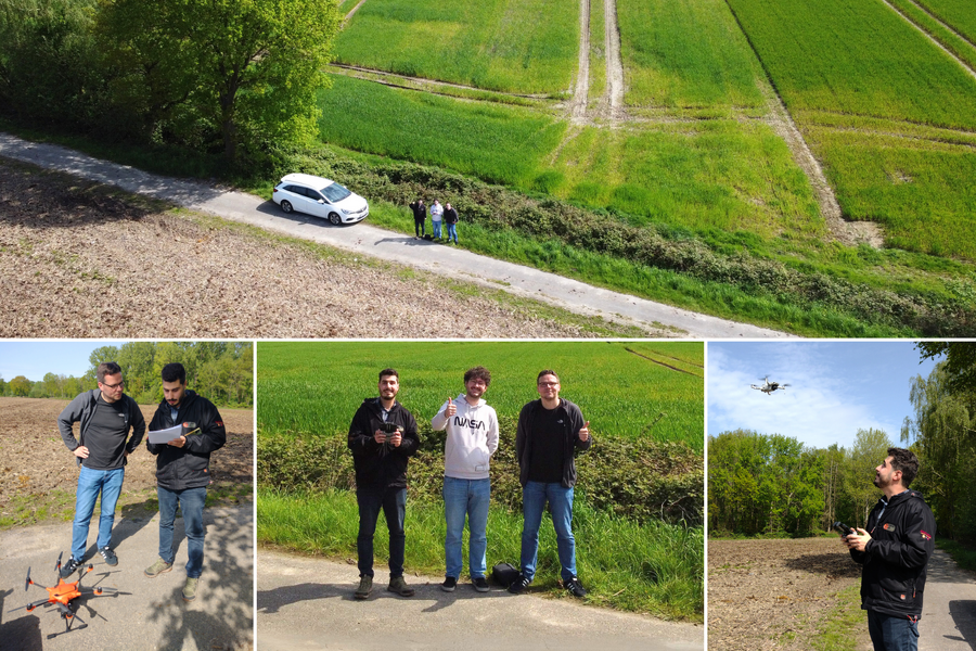 Mohamed Radhwen Khelifi Touhami mit unseren Kollegen Michael Kobs und Martin Schladör beim Multicopter-Training im Münsterland
