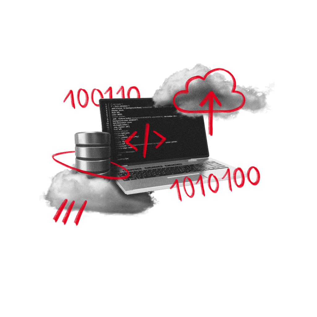 Collage aus Laptop mit Programmiercode, Datenbank-Symbol, Wolken und Binärcode als Sinnbild für Software- und Technologieentwicklung.