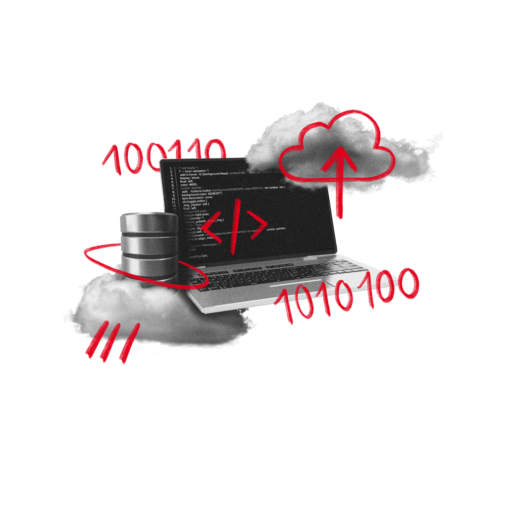 Collage aus Laptop mit Programmiercode, Datenbank-Symbol, Wolken und Binärcode als Sinnbild für Software- und Technologieentwicklung.